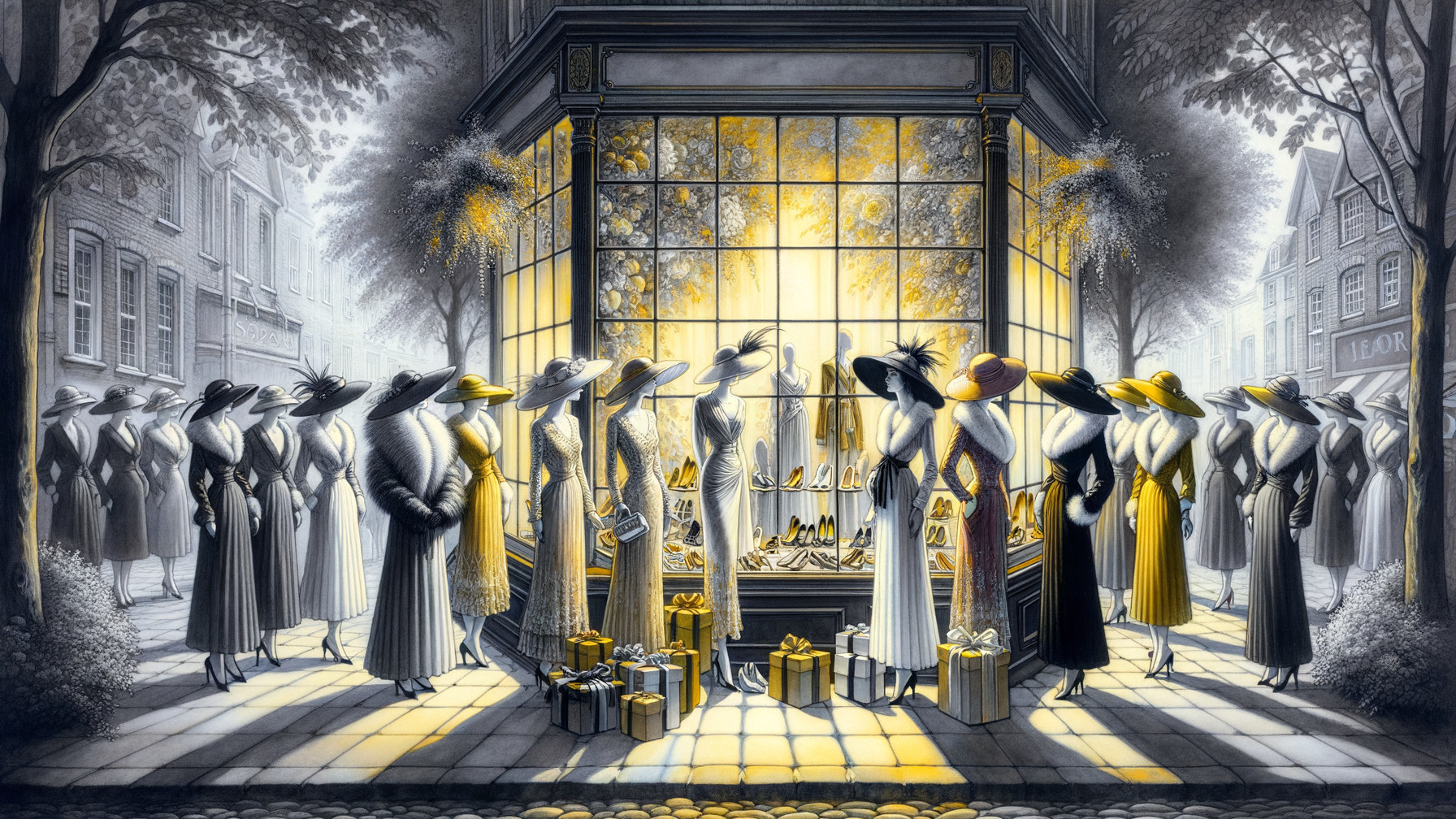 Elegant Women in Hats by Boutique Window Illustration