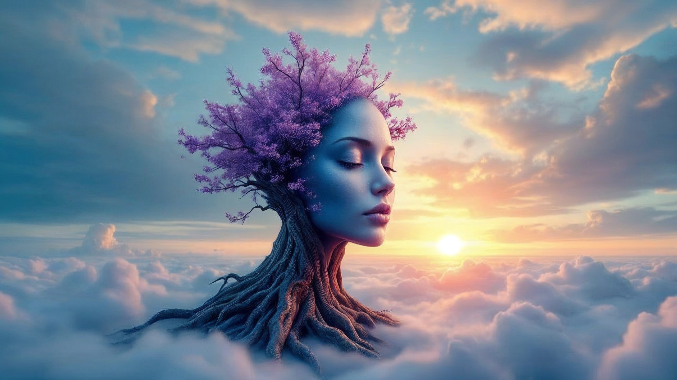 Surreal Female Face Emerging from Tree with Blossoms
