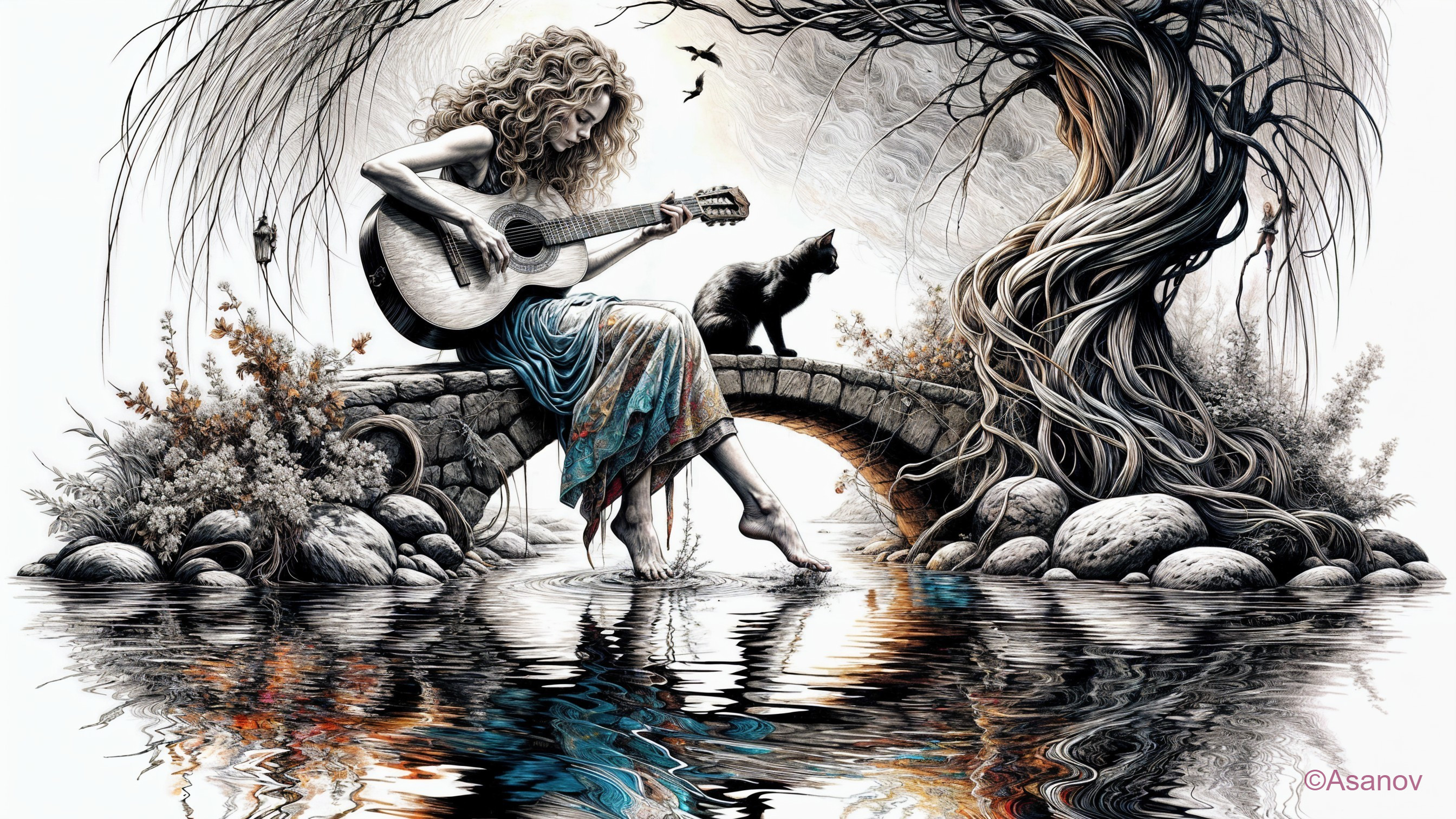 Woman Playing Guitar on Stone Bridge with Cat