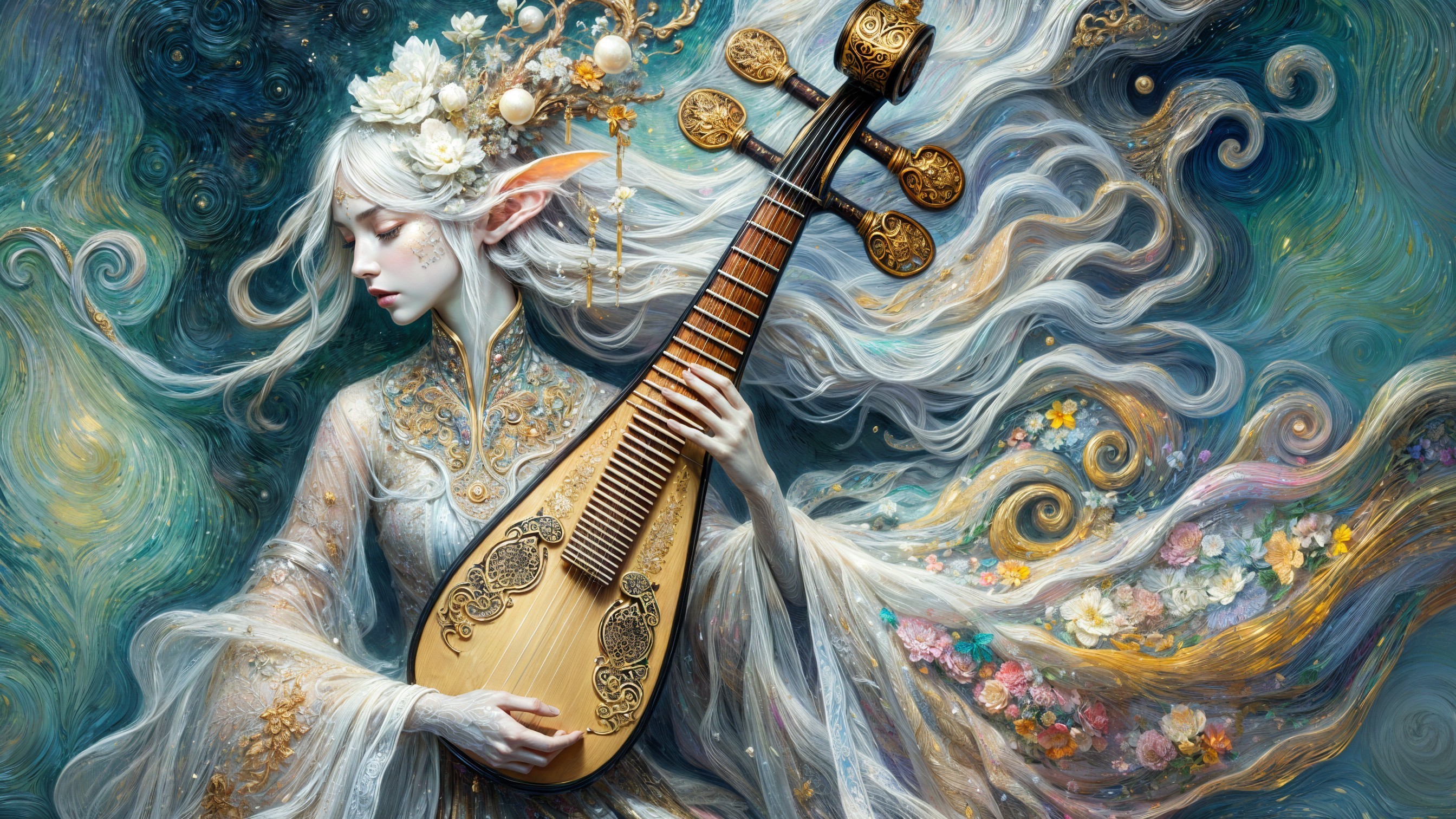 Ethereal Figure Playing Lute in Dreamlike Atmosphere