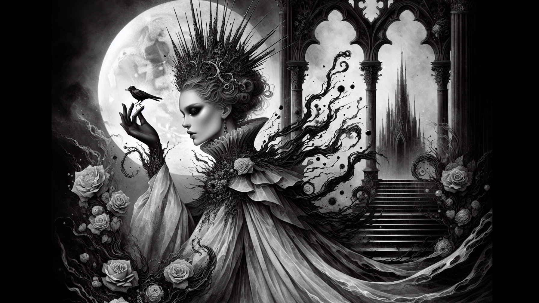 Regal Figure in Black and White Illustration with Vines