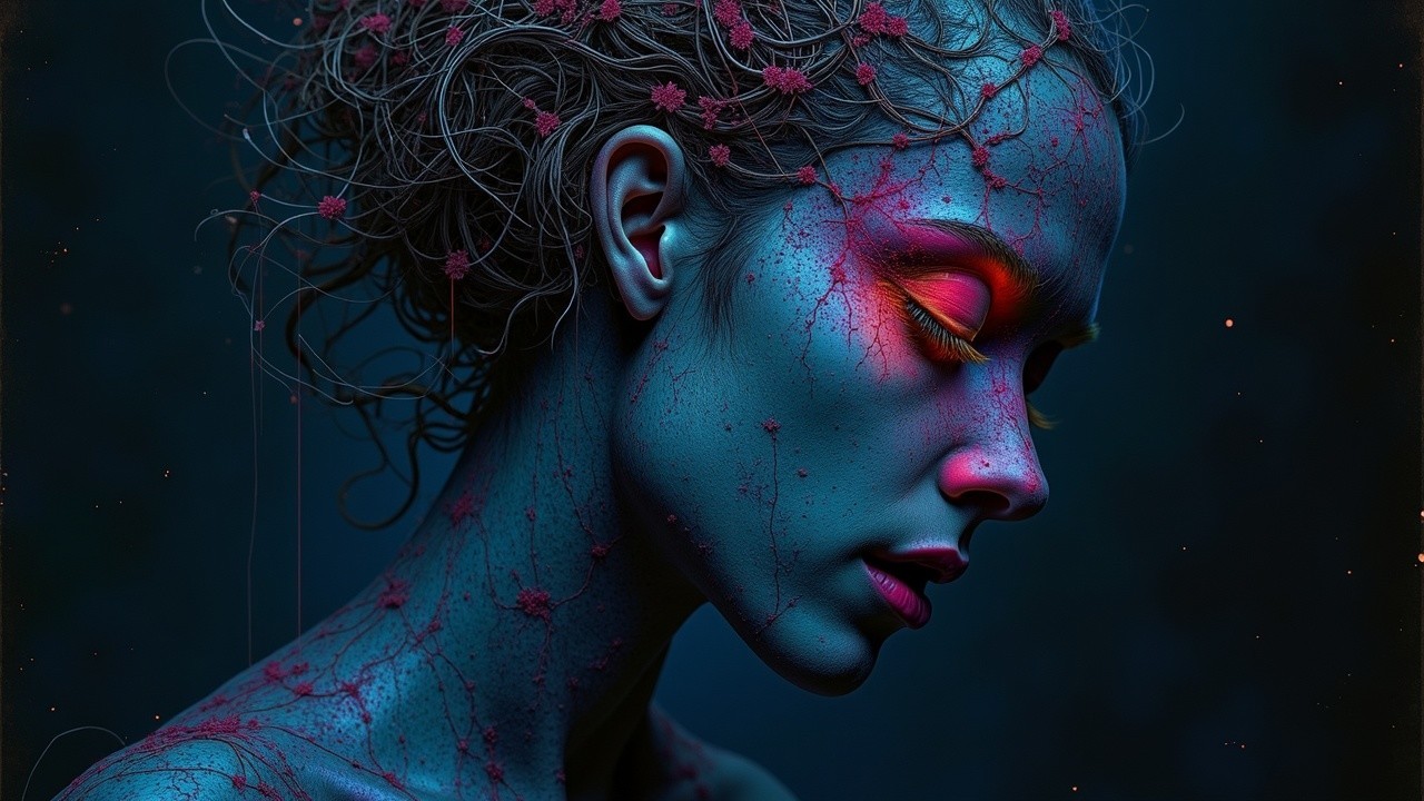 Portrait of a Woman with Blue Skin and Floral Hair