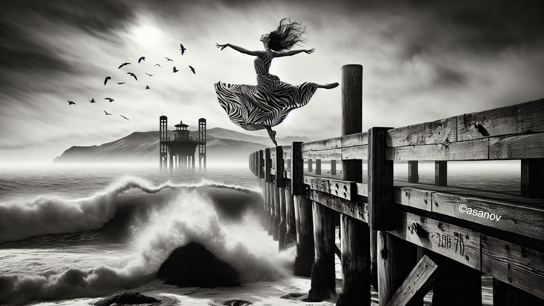 Dancer in Striped Dress on Weathered Pier with Seascape