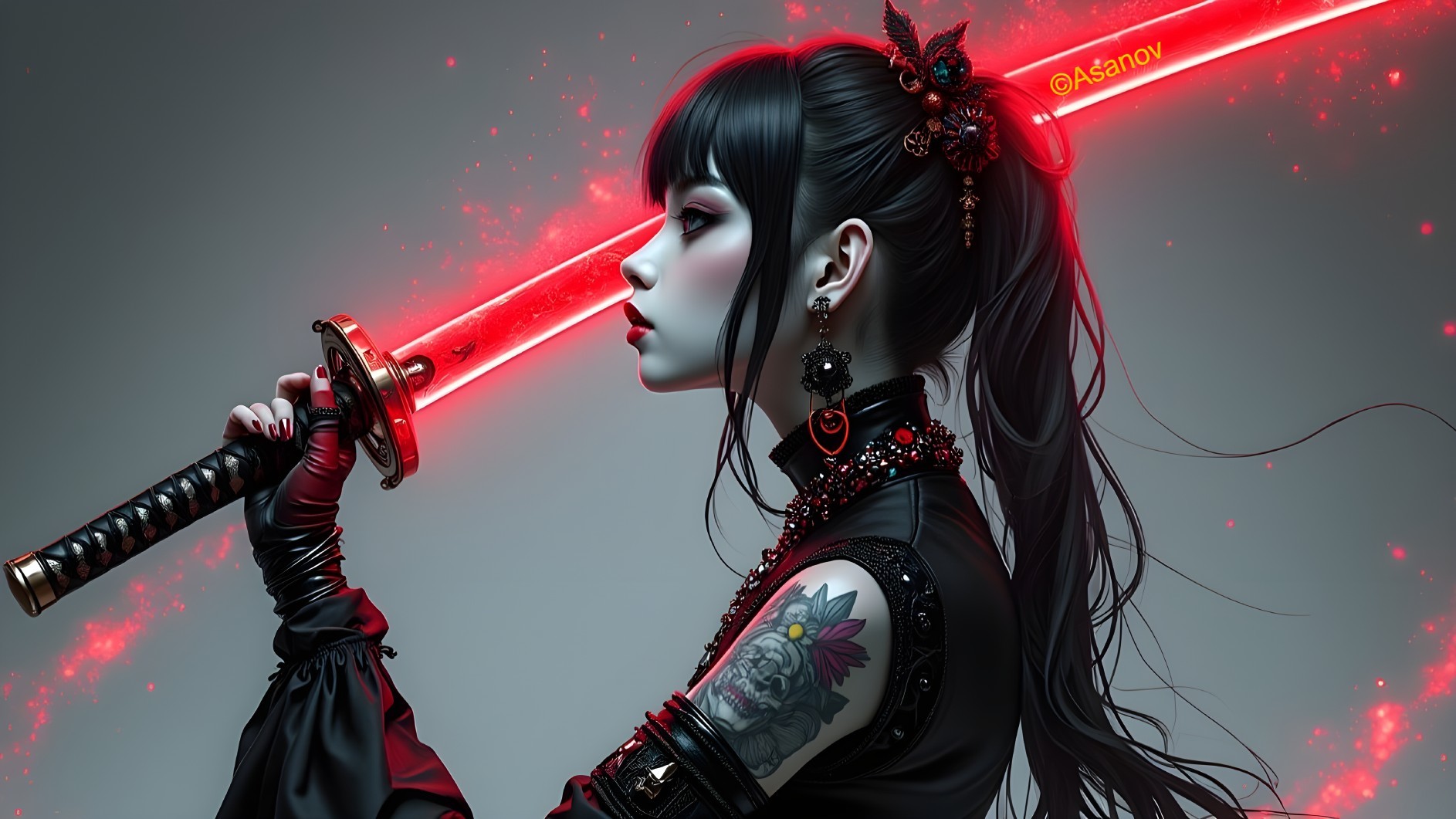 Female figure in dark outfit with glowing katana