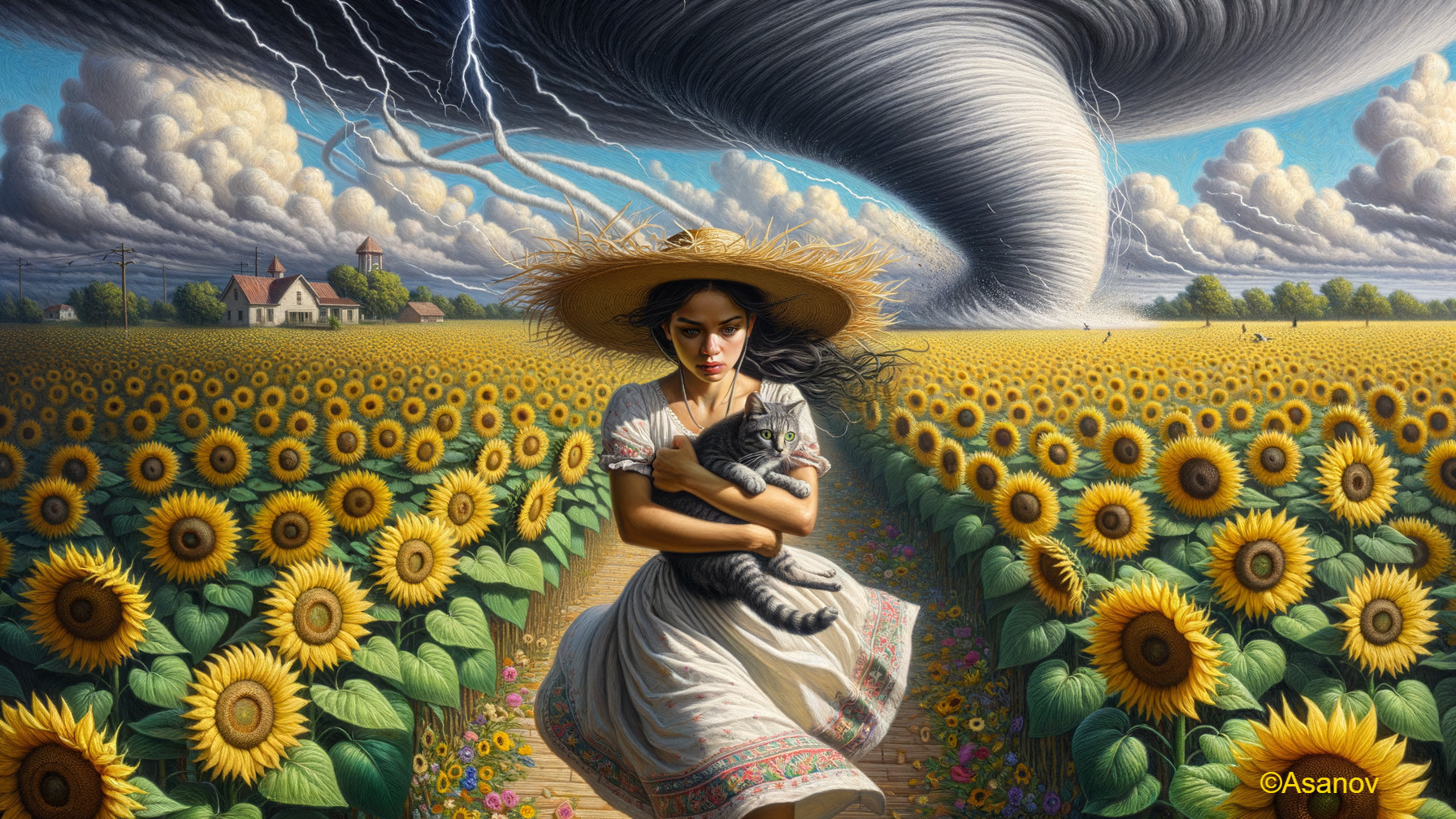 Woman in White Dress Runs Through Sunflower Field