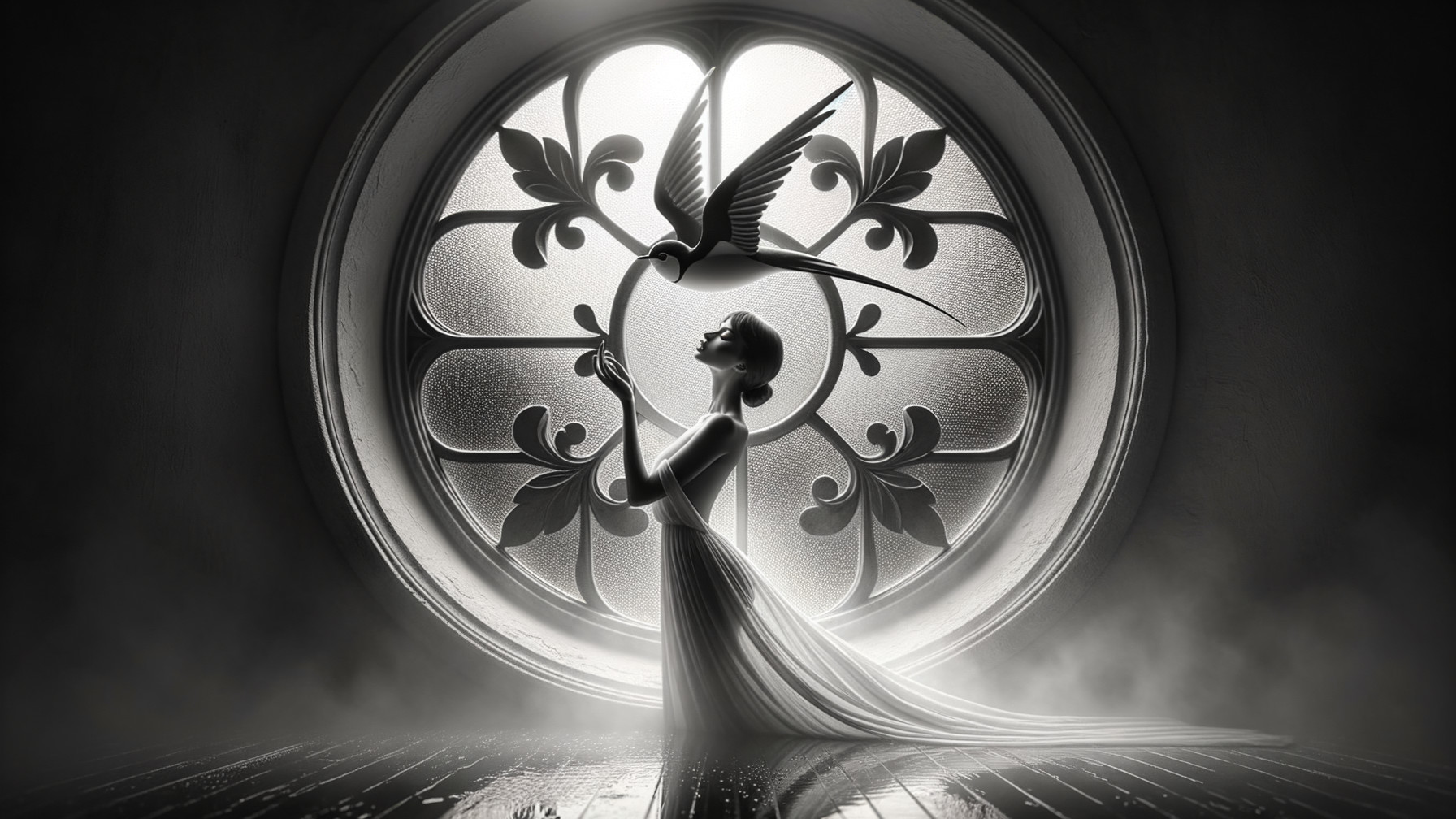 Black-and-white scene with figure by ornate window