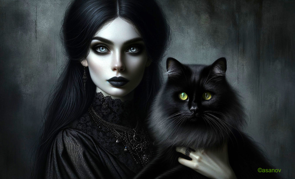 Gothic figure with black cat in dark attire