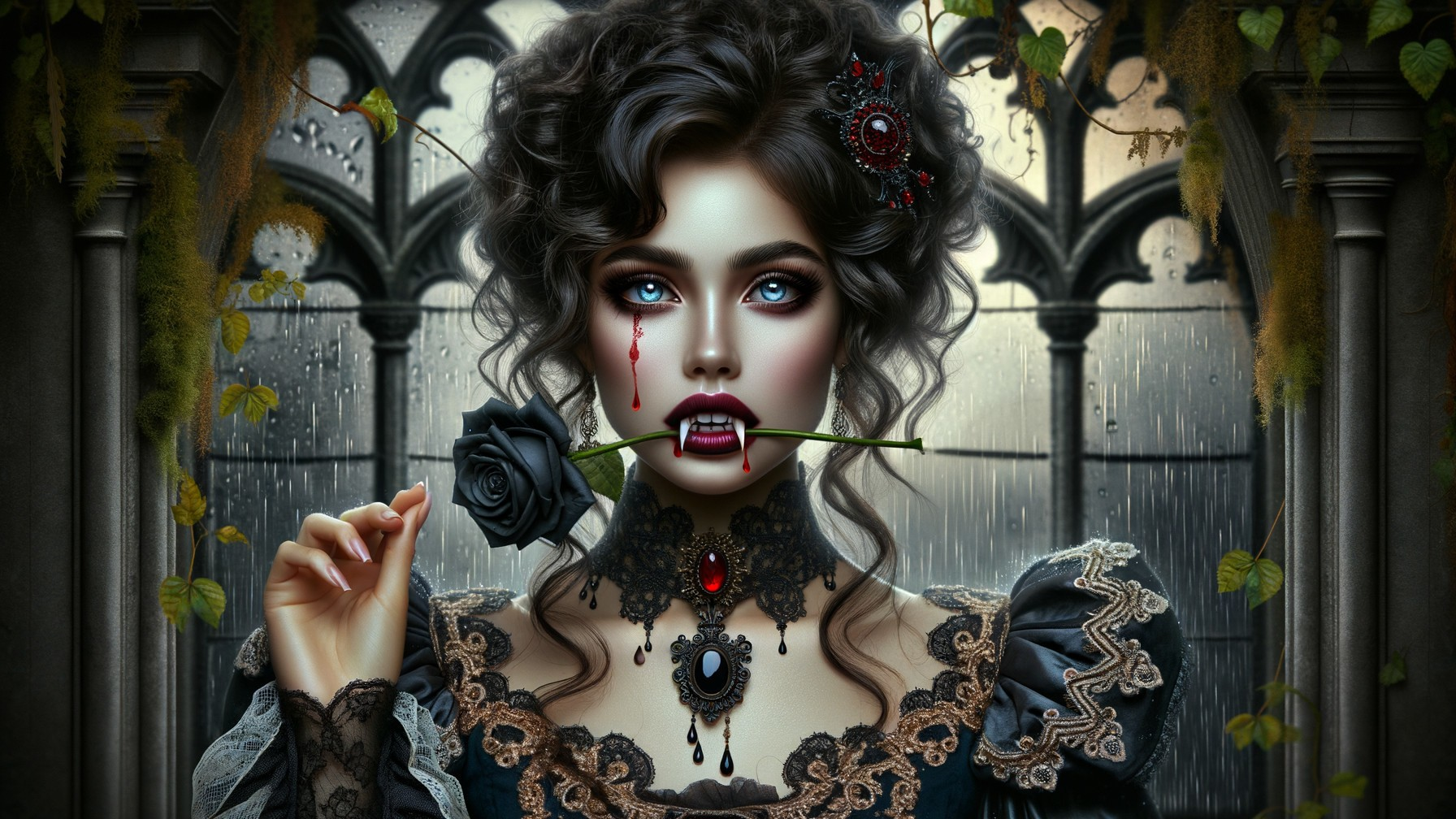 Gothic Woman in Ornate Setting with Black Rose
