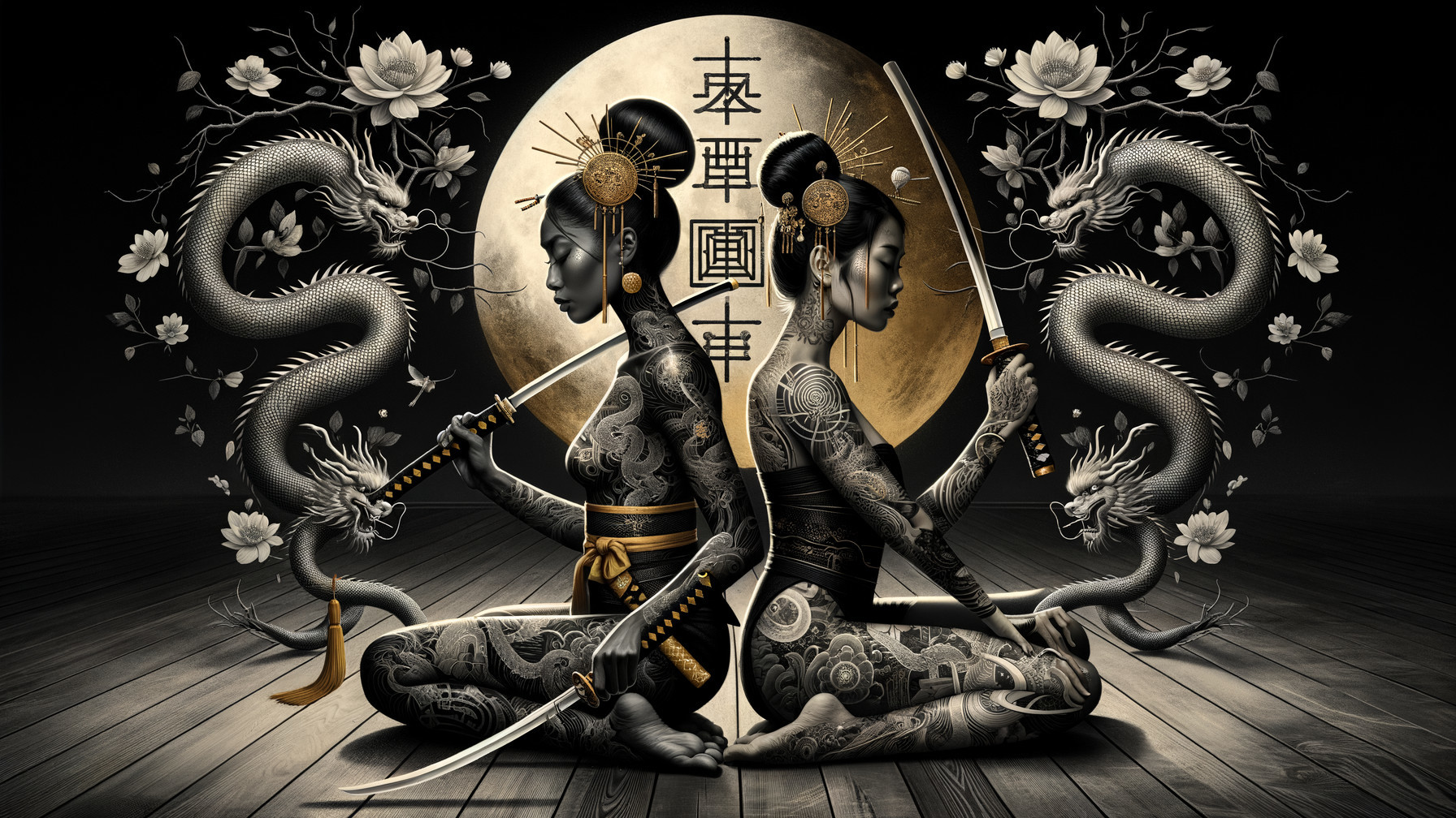 Tattooed Figures with Samurai Swords and Dragons