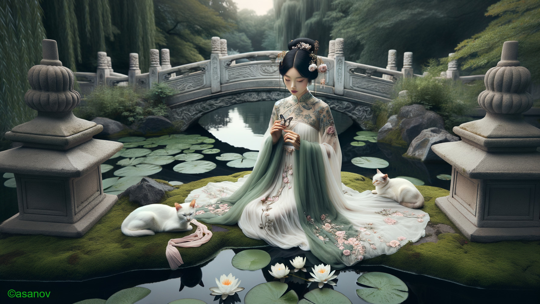 Serene Garden Scene with Elegant Figure and Lotus Pond