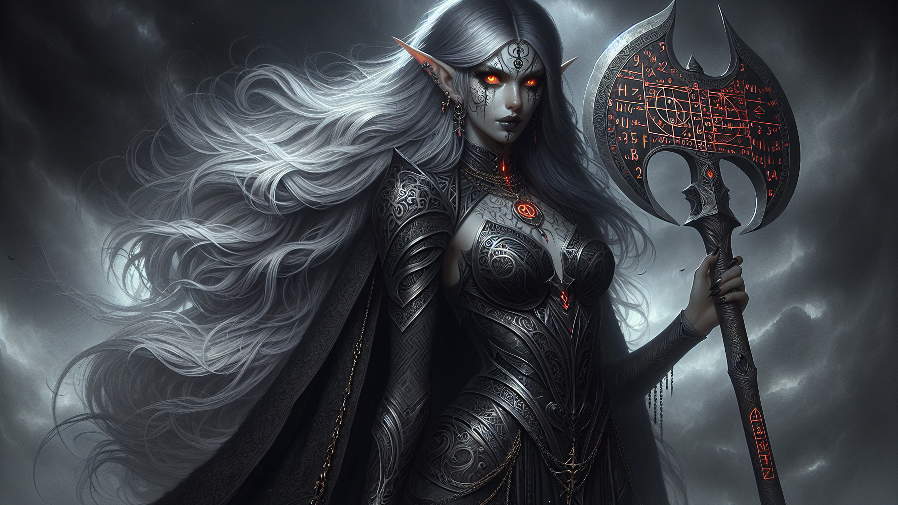 Dark Fantasy Elf in Ornate Armor with Battle Axe