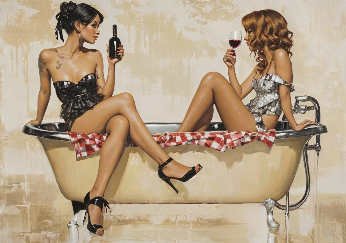 Stylish Women in Vintage Bathtub with Wine Setting
