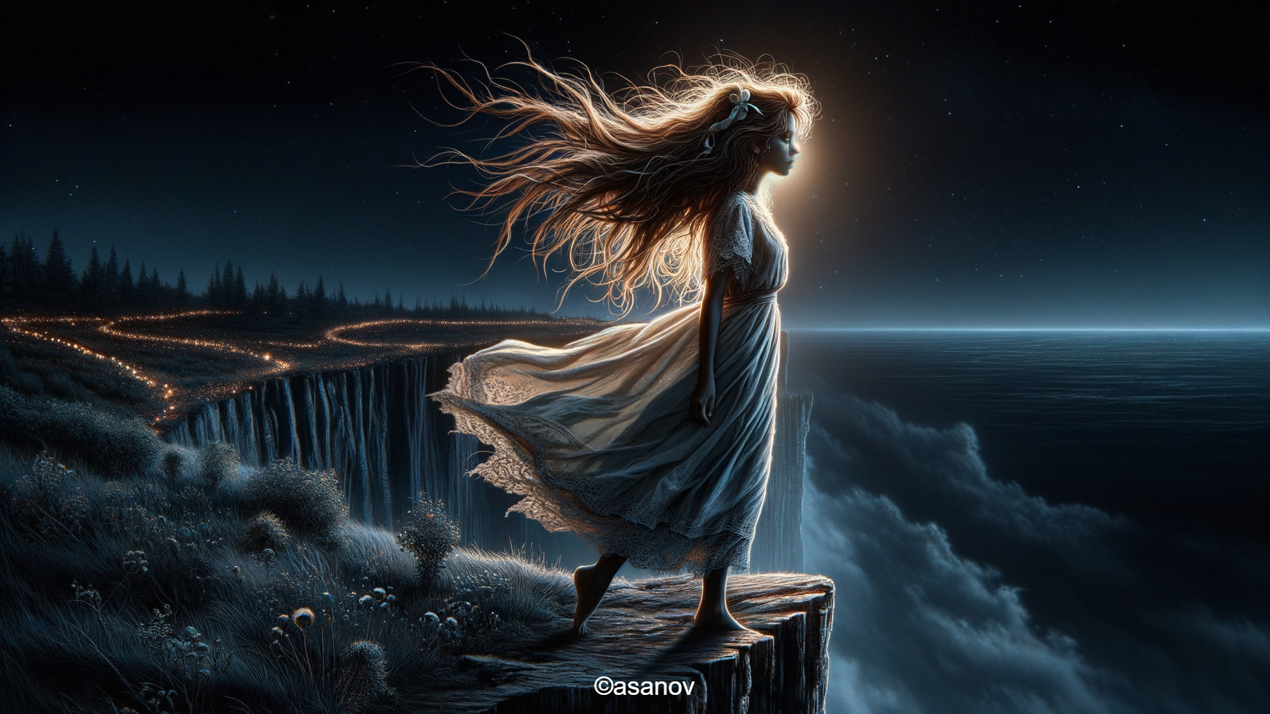 Mysterious Figure on Cliff Overlooking Moonlit Ocean