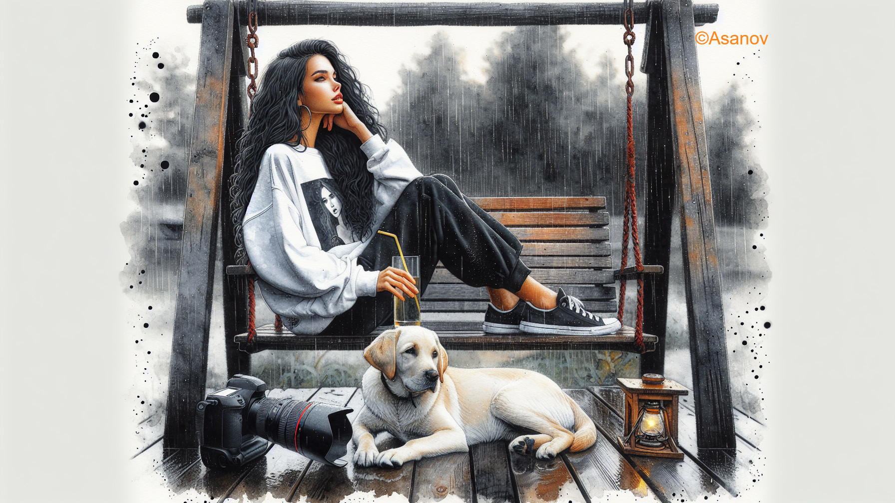Young woman on swing with dog in tranquil setting