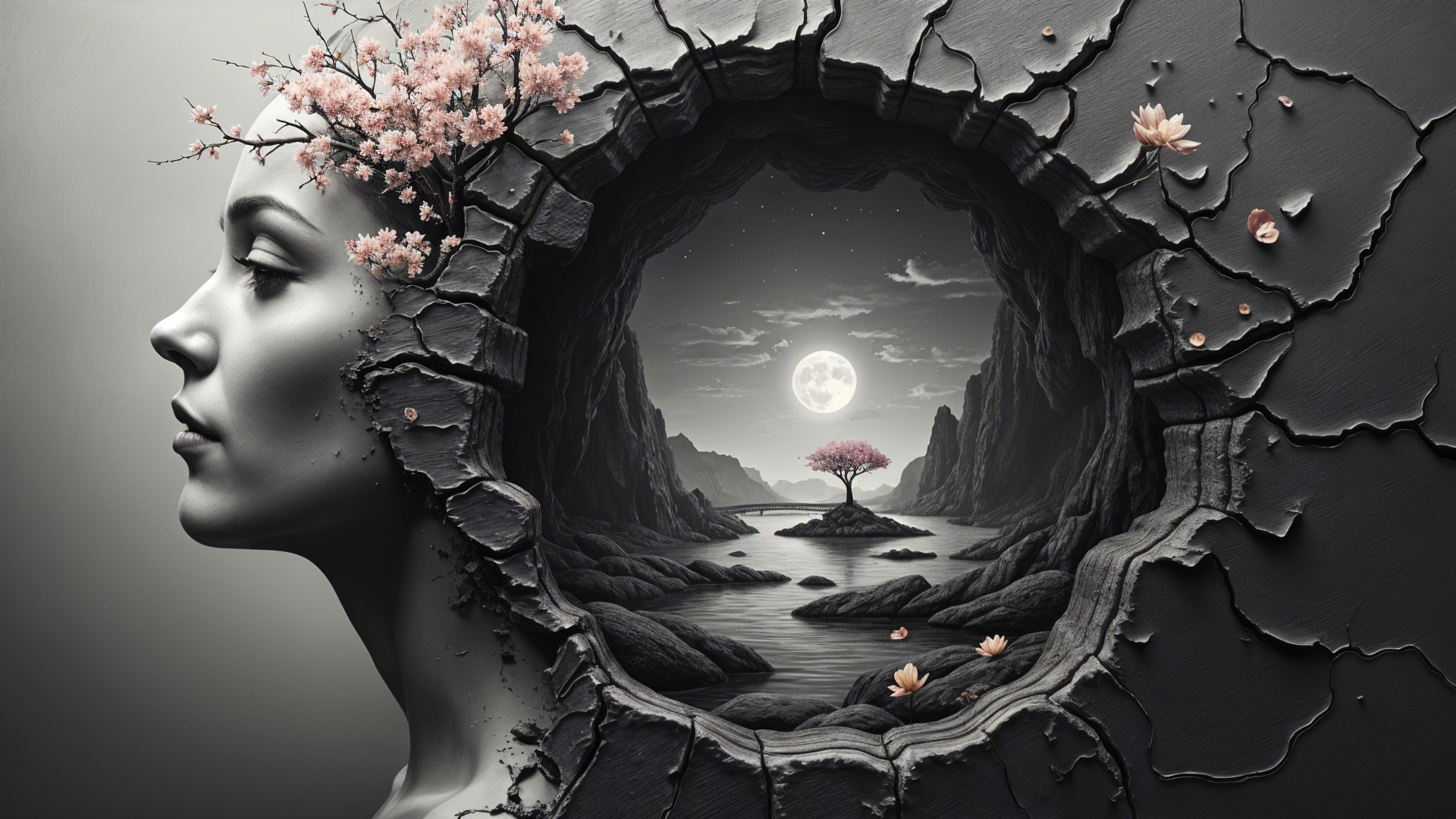 Surreal Stone Profile with Cherry Blossoms and Landscape