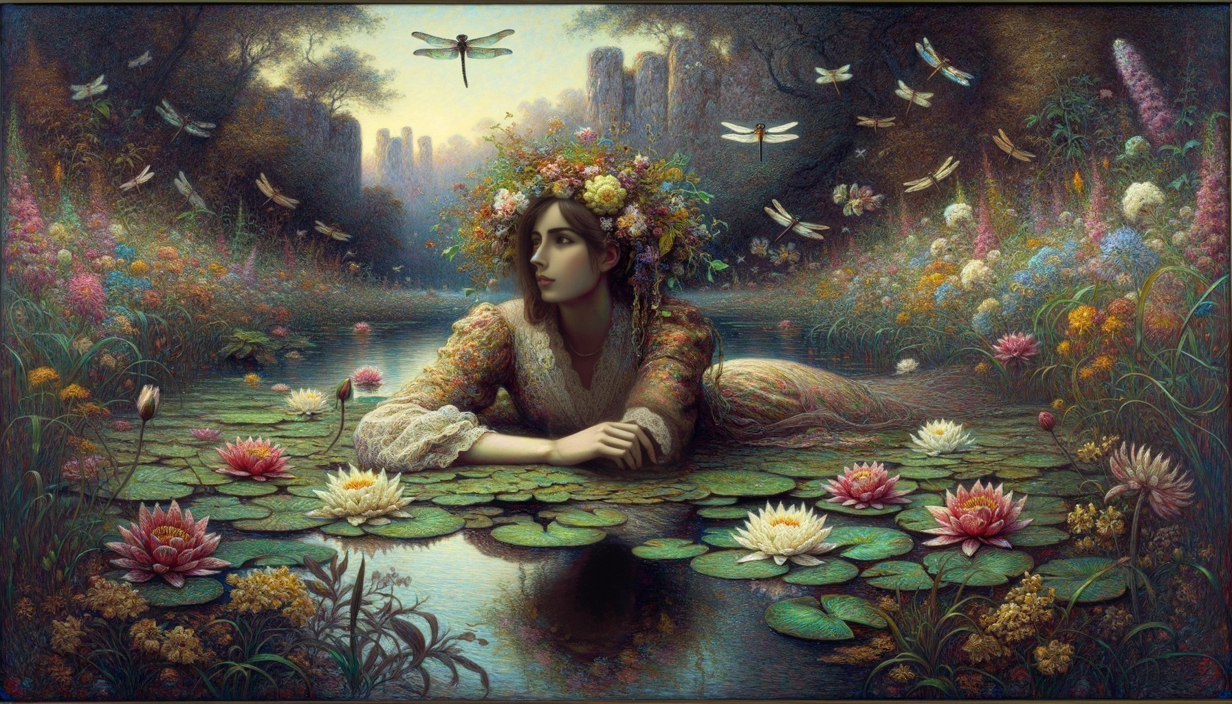 Serene Scene of a Woman by a Tranquil Pond
