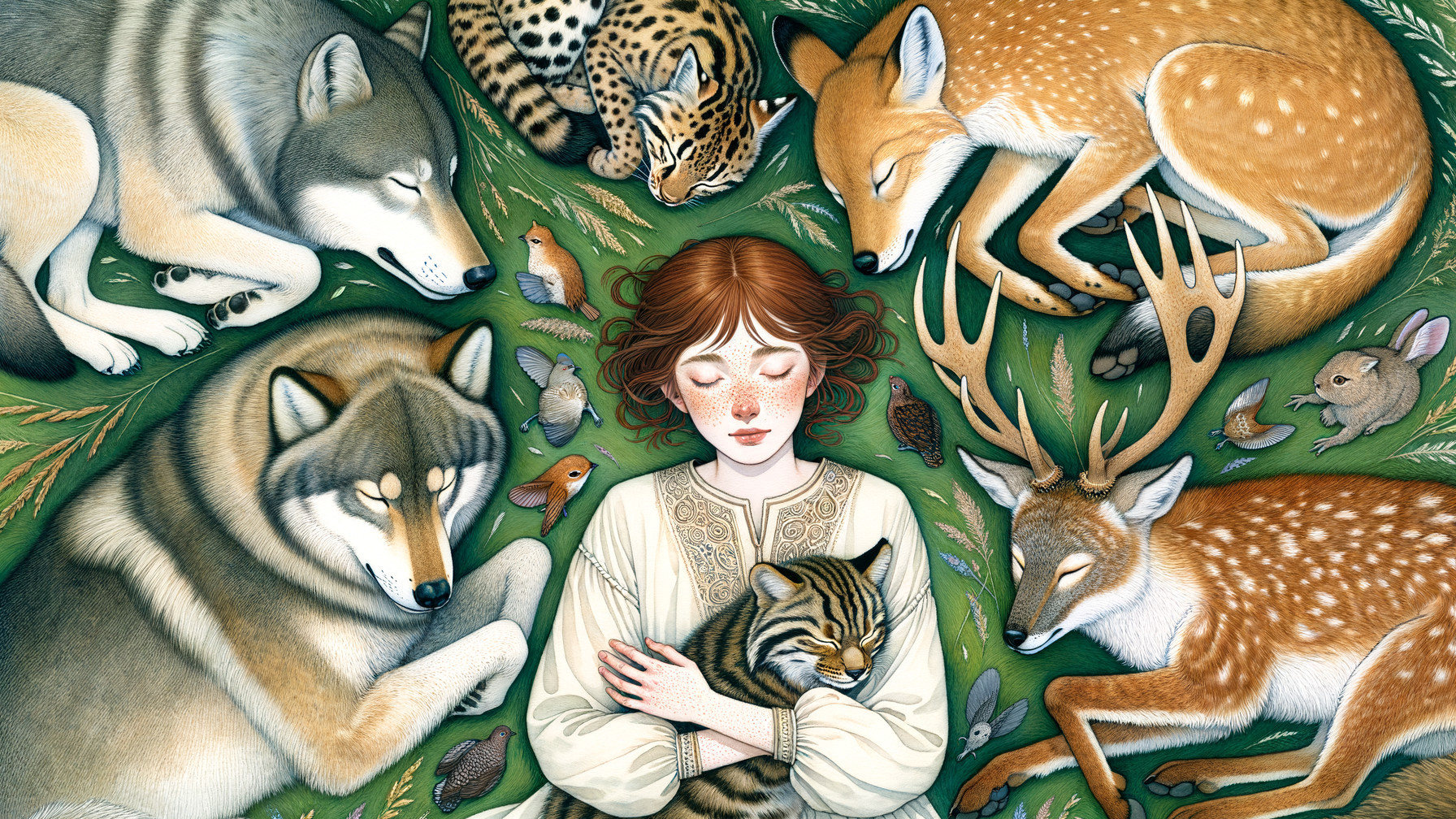 Young girl peacefully surrounded by diverse animals