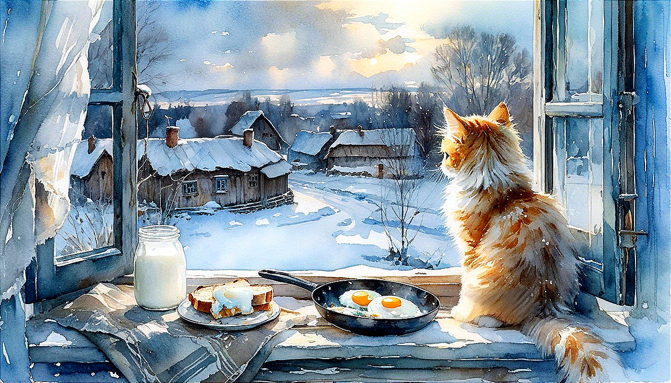 Cozy Winter Scene with Cat and Snowy Landscape