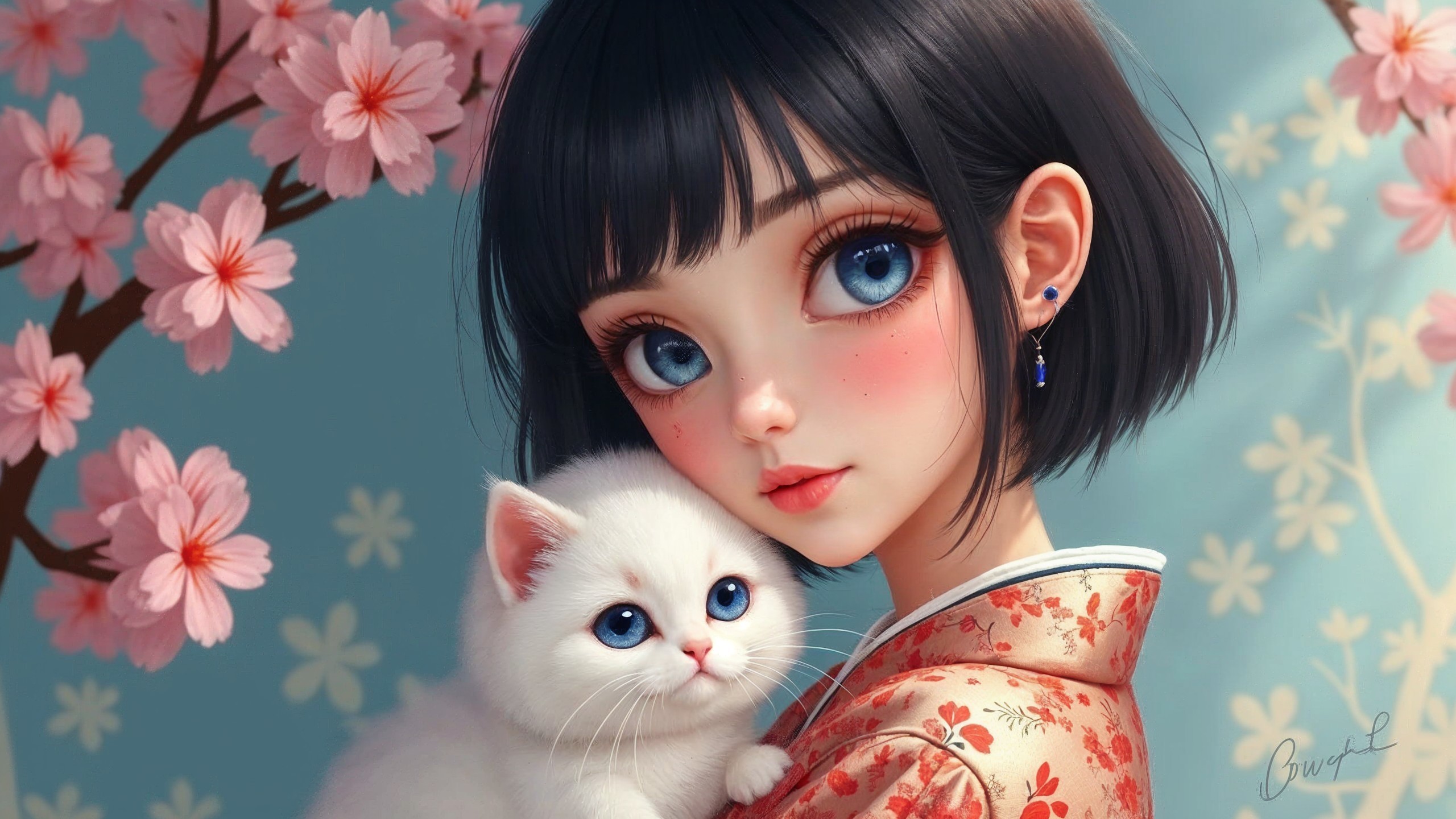 Young girl with kitten in cherry blossom setting