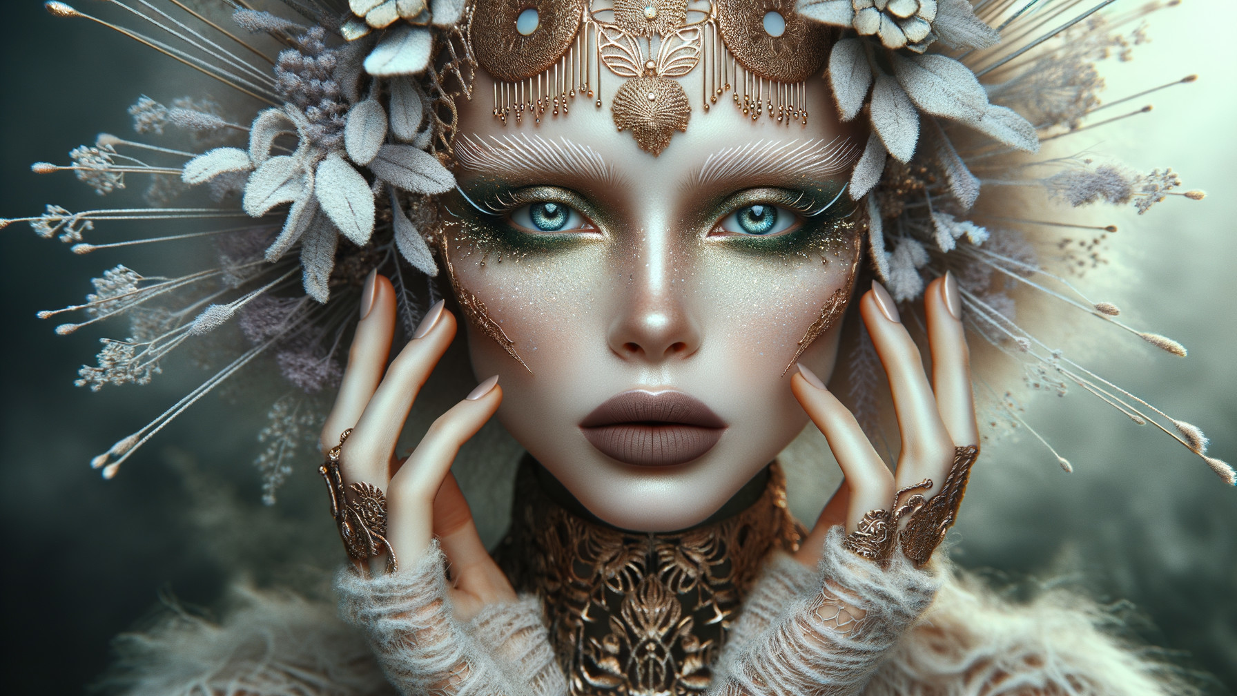 Ethereal Figure with Intricate Face Art and Accessories