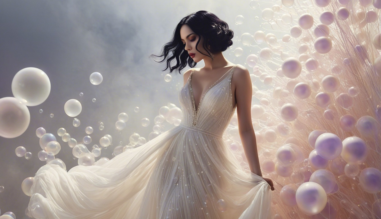 Elegant figure in pastel bubble backdrop with gown