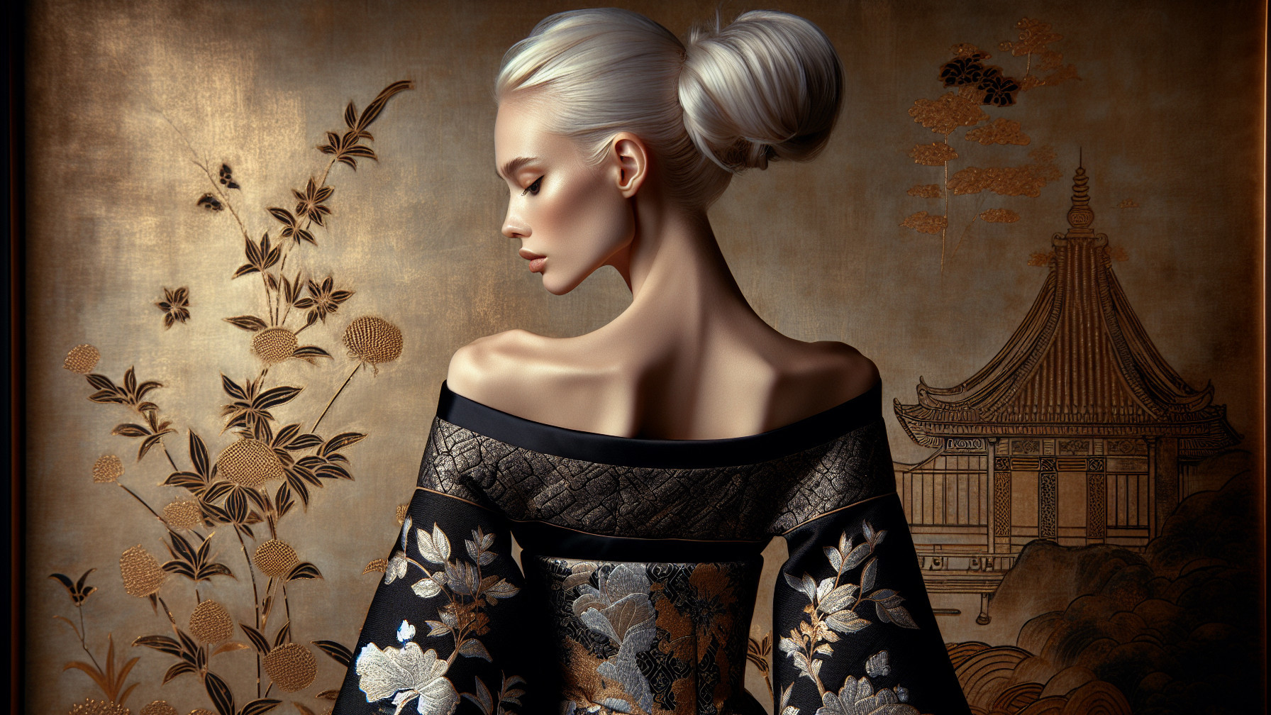 Elegant Kimono Against Luxurious Gold Backdrop
