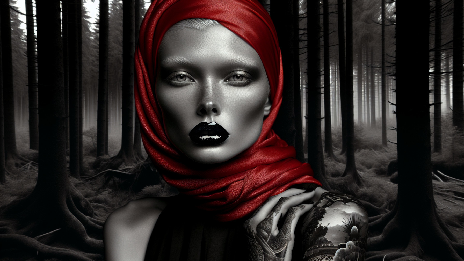 Model in Dark Forest with Bold Makeup and Scarf