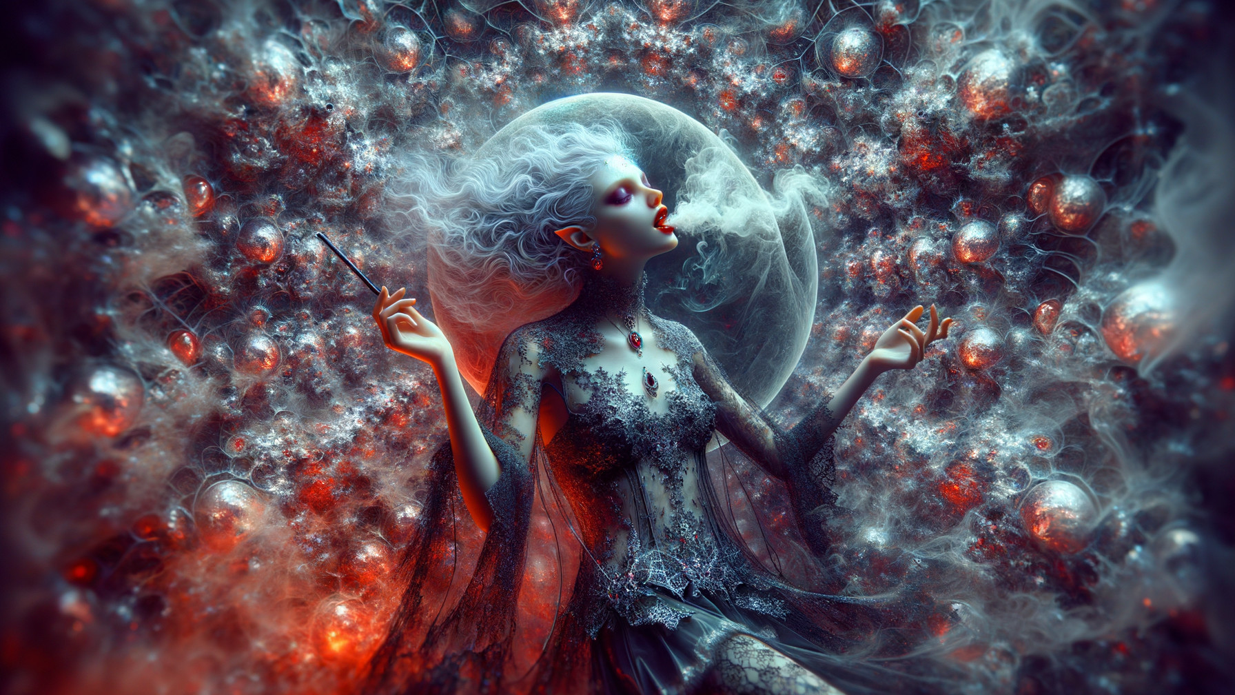 Mystical Figure with Silver Hair in Cosmic Setting