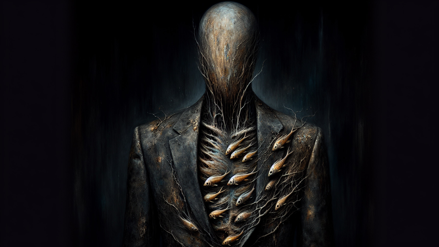 Faceless Figure in Tattered Suit with Hollow Chest