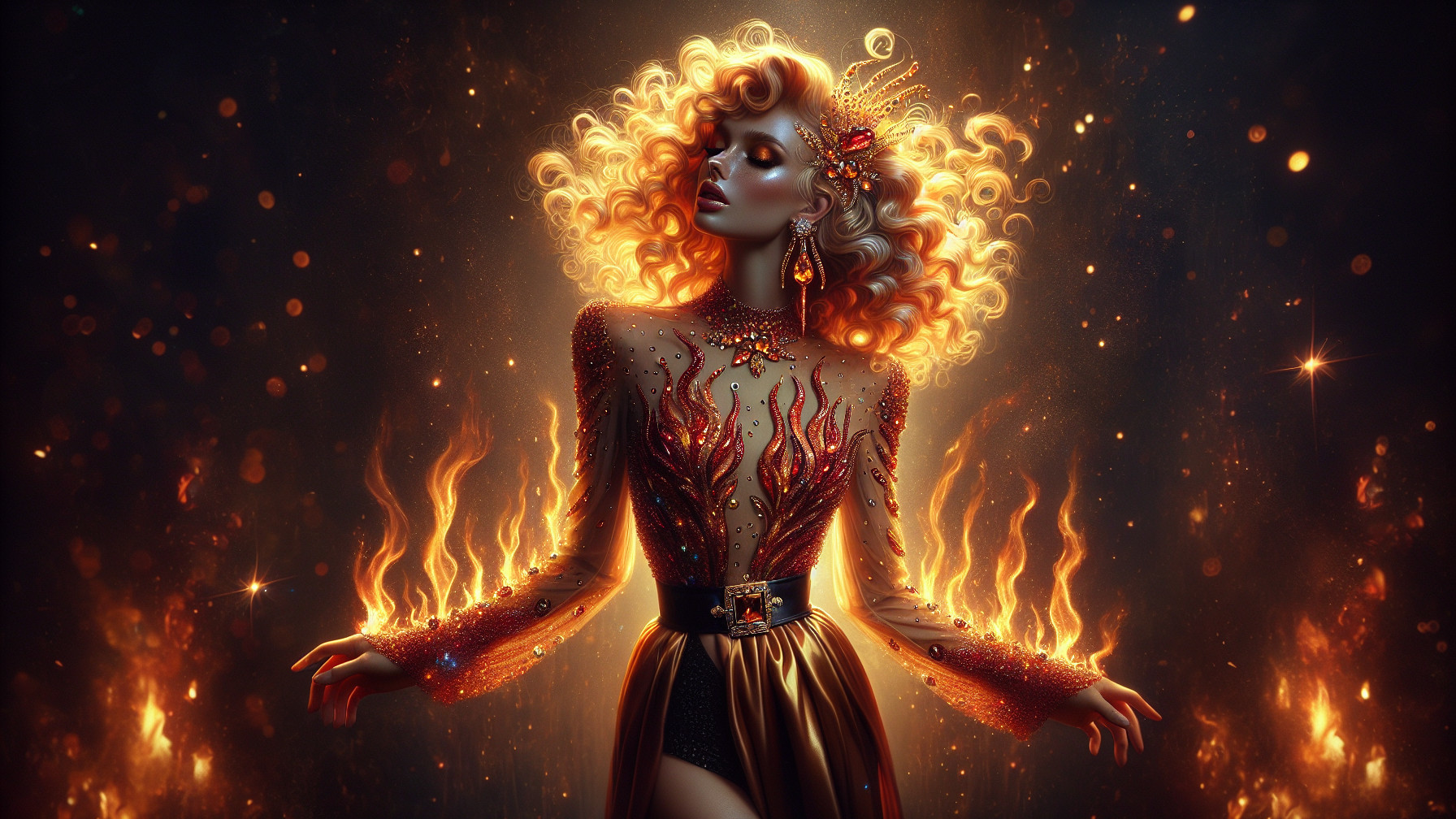Figure in Flames with Vibrant Hair and Detailed Outfit