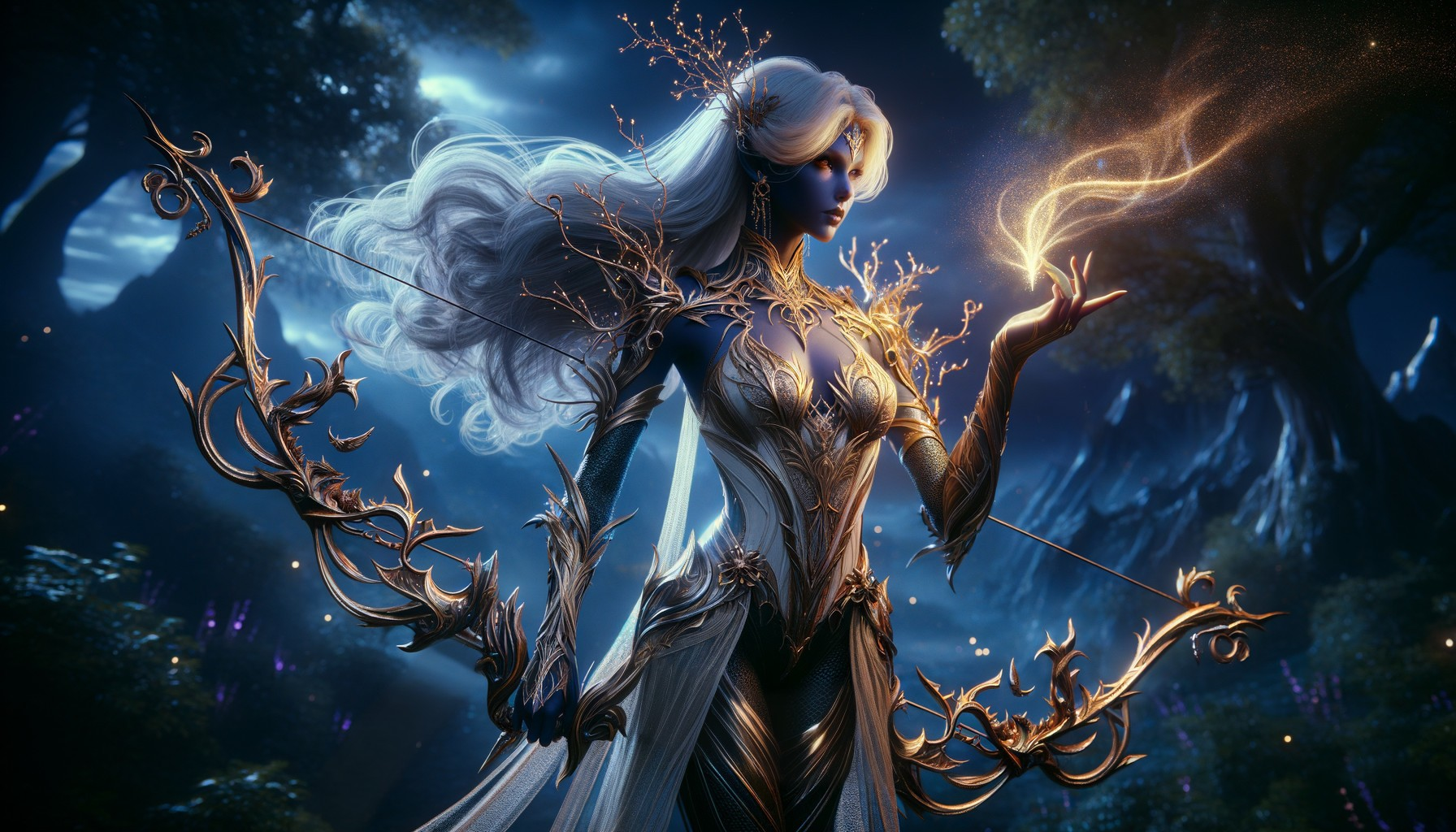 Majestic Figure in Shimmering Armor in Mystical Forest