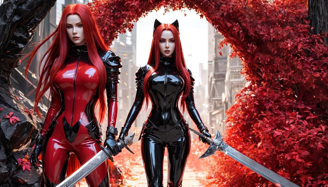 Figures in Glossy Outfits with Swords in Urban Setting