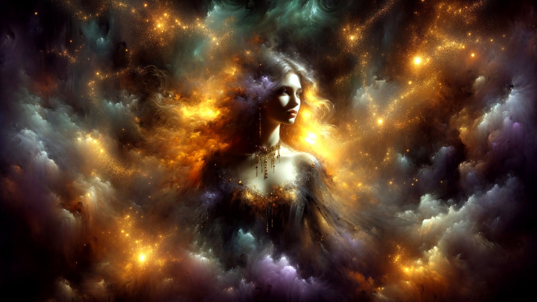 Portrait of a woman in a cosmic, colorful backdrop