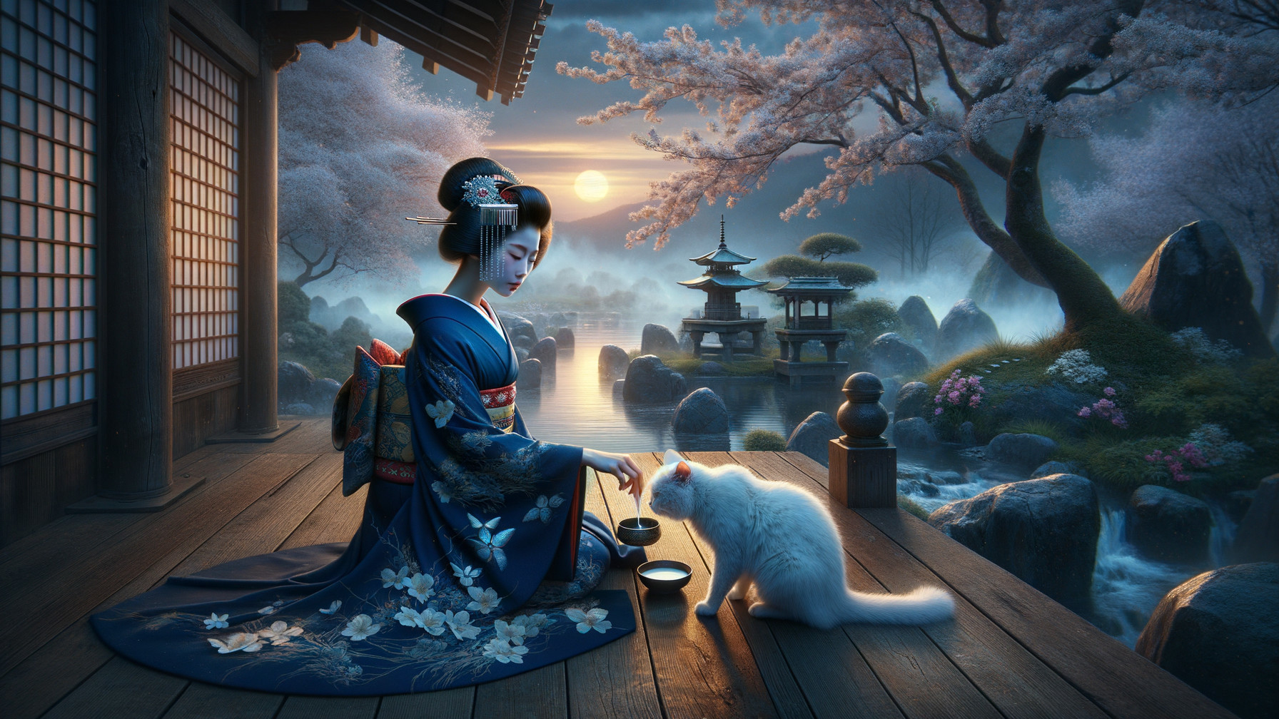 Tranquil Japanese Garden at Dusk with Cherry Blossoms