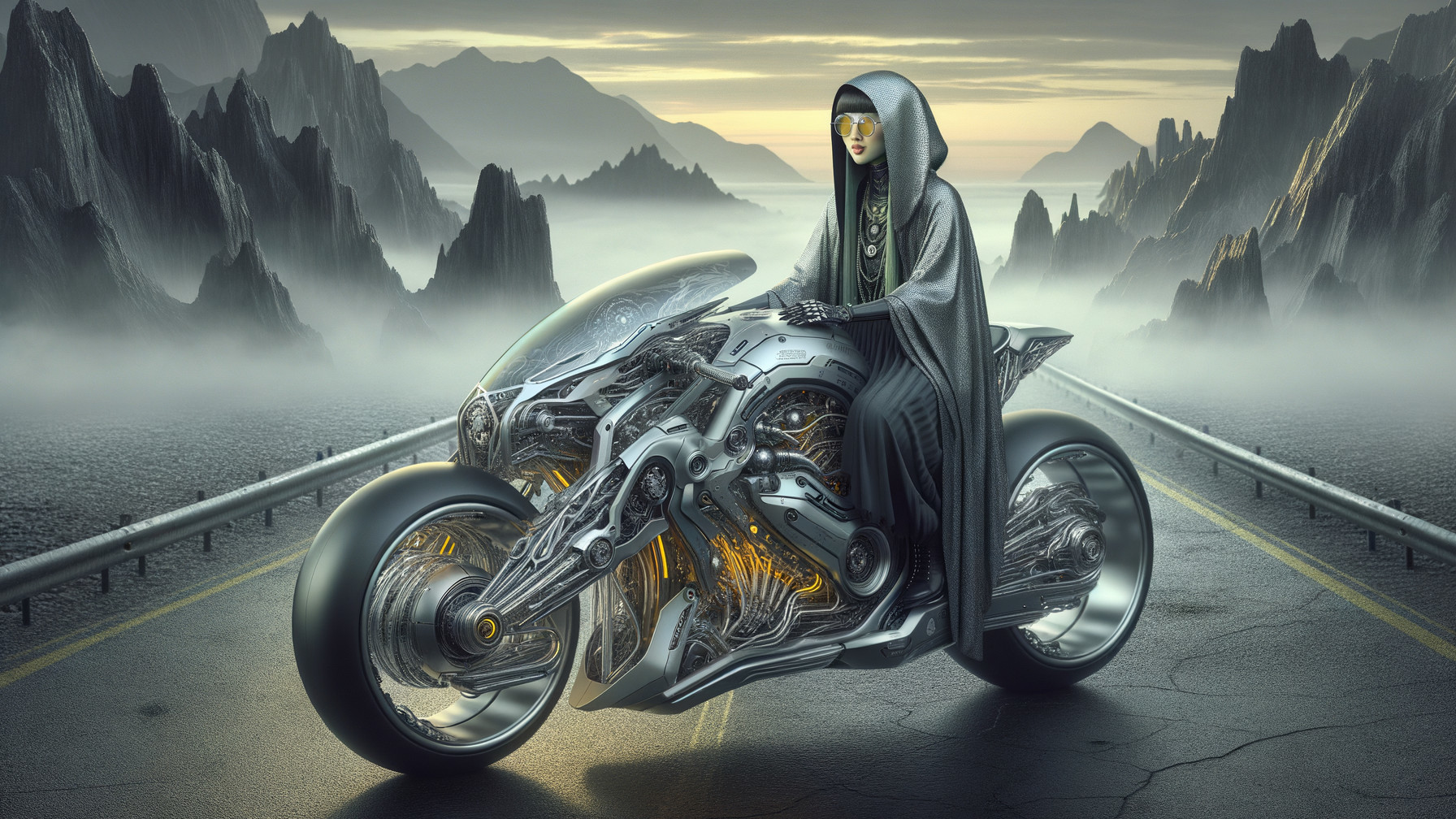 Futuristic figure on high-tech motorcycle in misty landscape