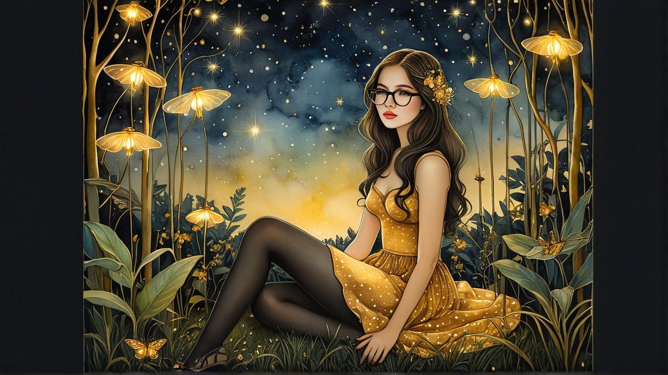 Young woman in yellow dress amidst glowing nature
