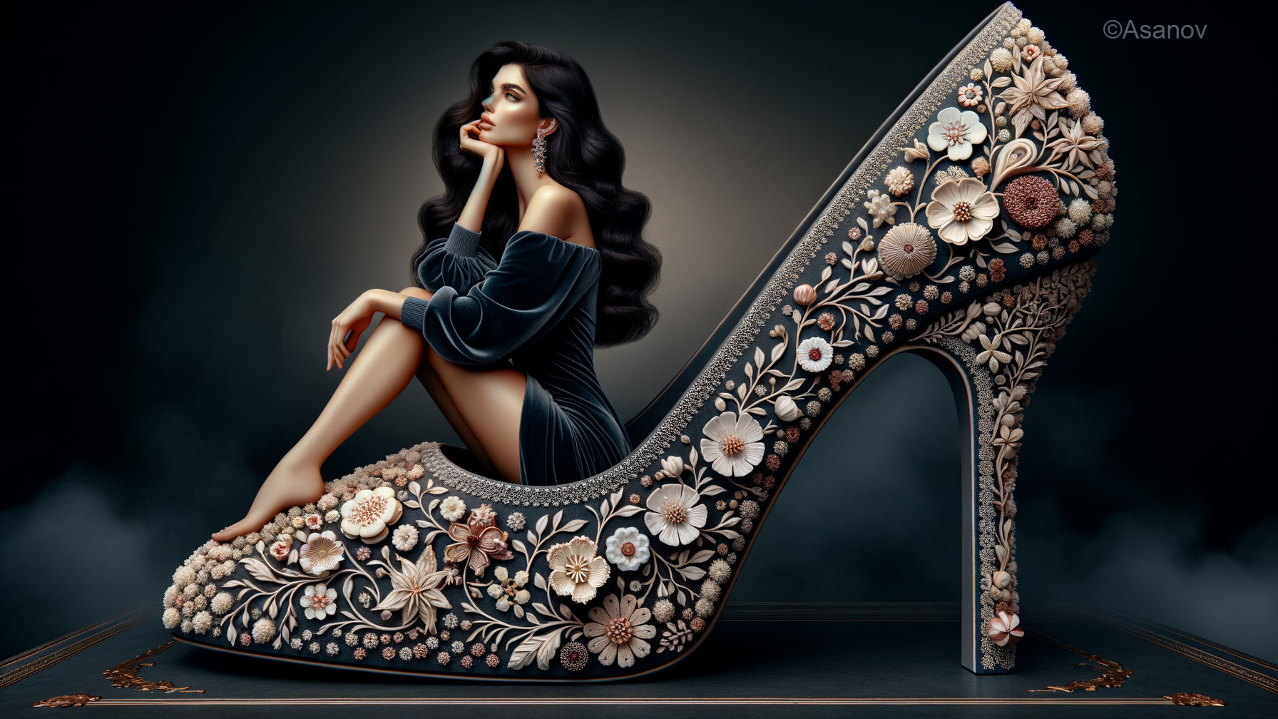 Elegant High Heel Shoe with Floral Patterns and Woman