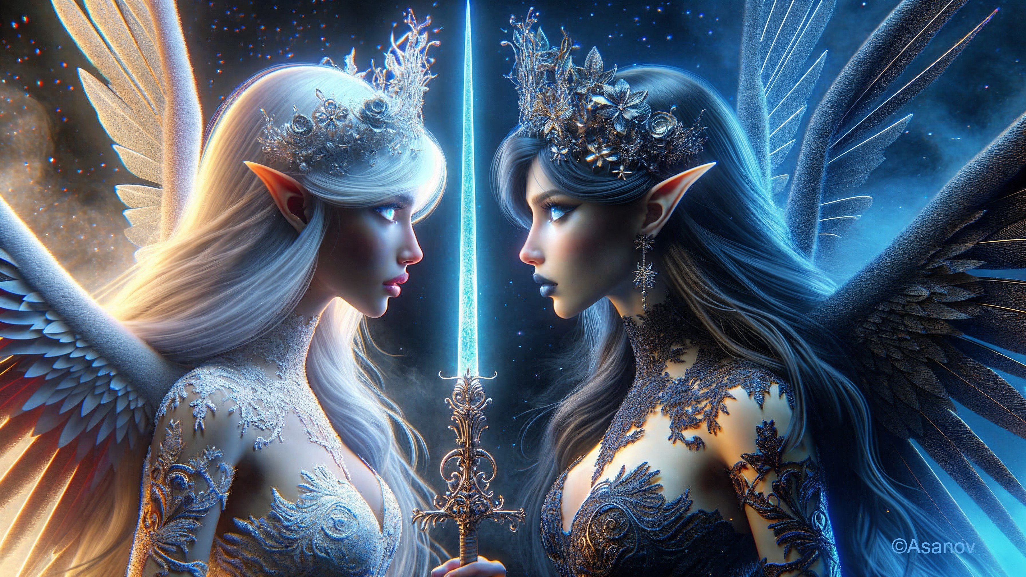 Elven Figures in Fantasy Standoff with Glowing Sword