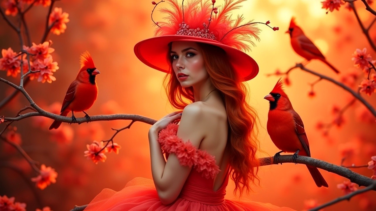 Woman in Red Dress Among Cherry Blossoms and Cardinals