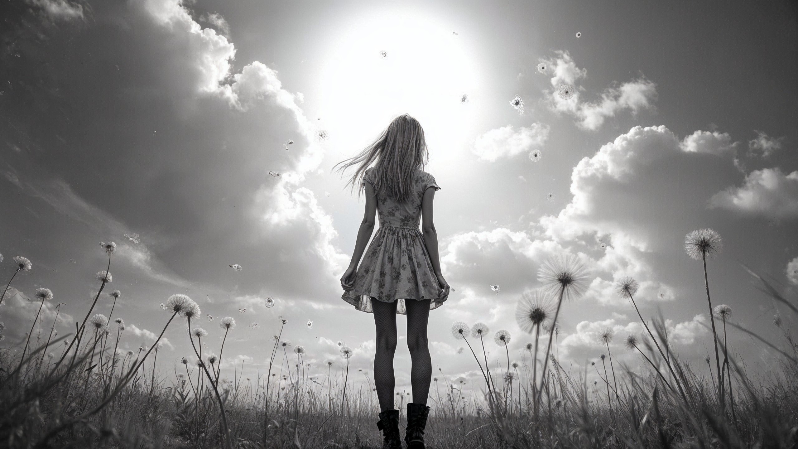 Silhouette of Woman in Dandelion Field at Sunrise