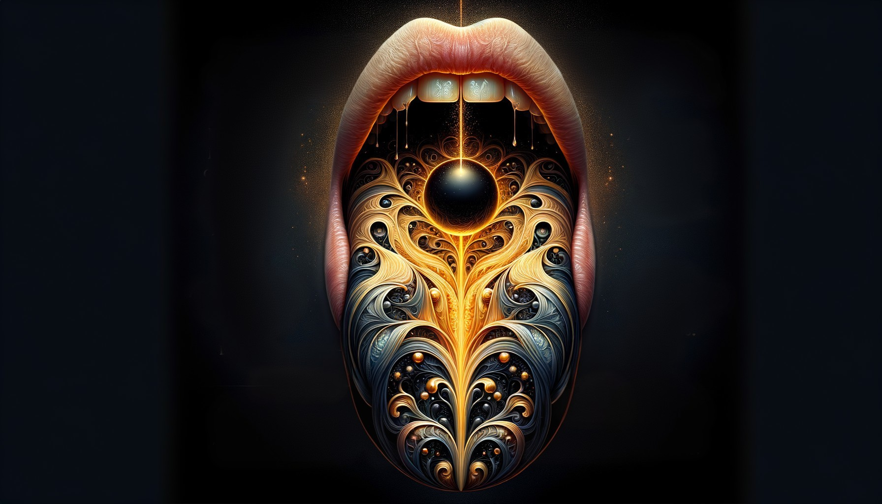 Open Mouth with Swirling Patterns in Gold and Black