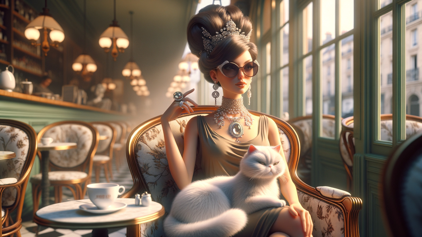 Glamorous Woman in Chic Café with Vintage Decor