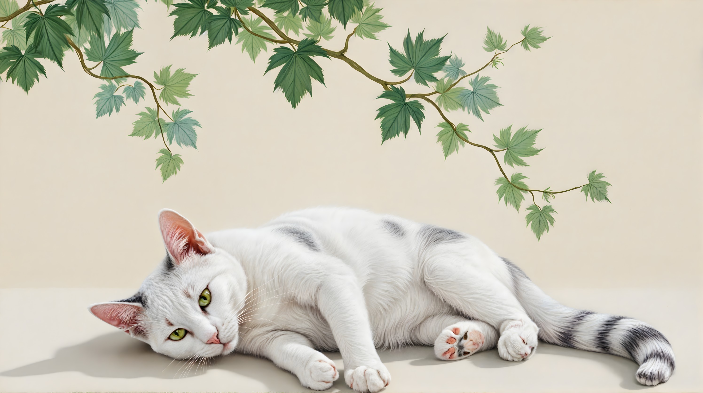 Serene White Cat with Gray Stripes Among Green Vines