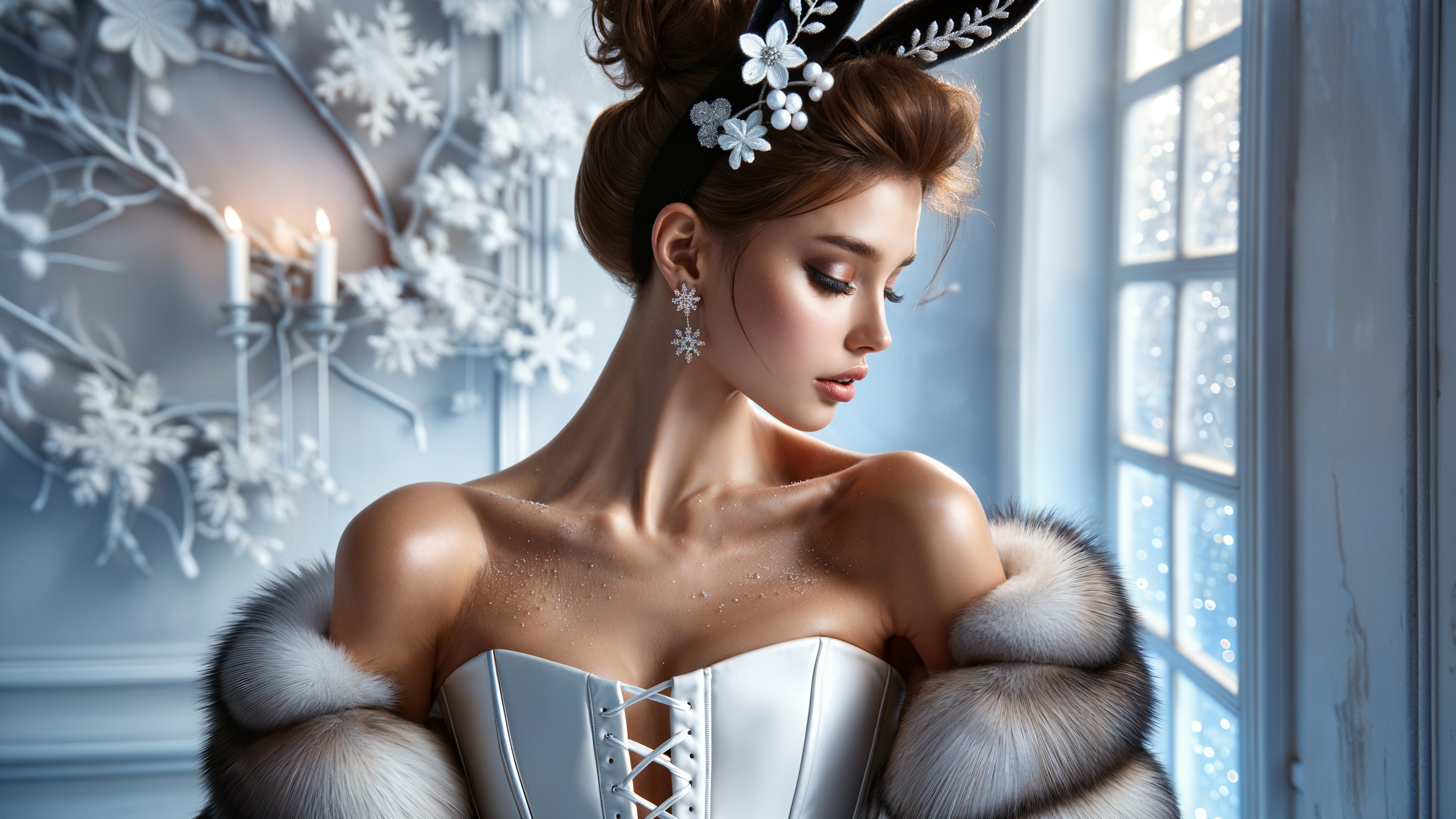 Elegant woman in white gown with winter decor