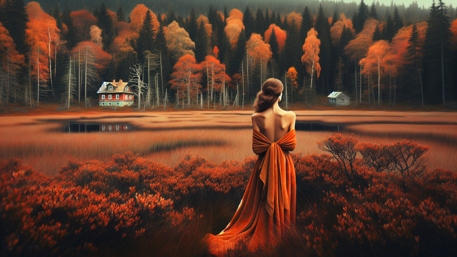 Woman in Orange Gown Overlooking Autumn Landscape