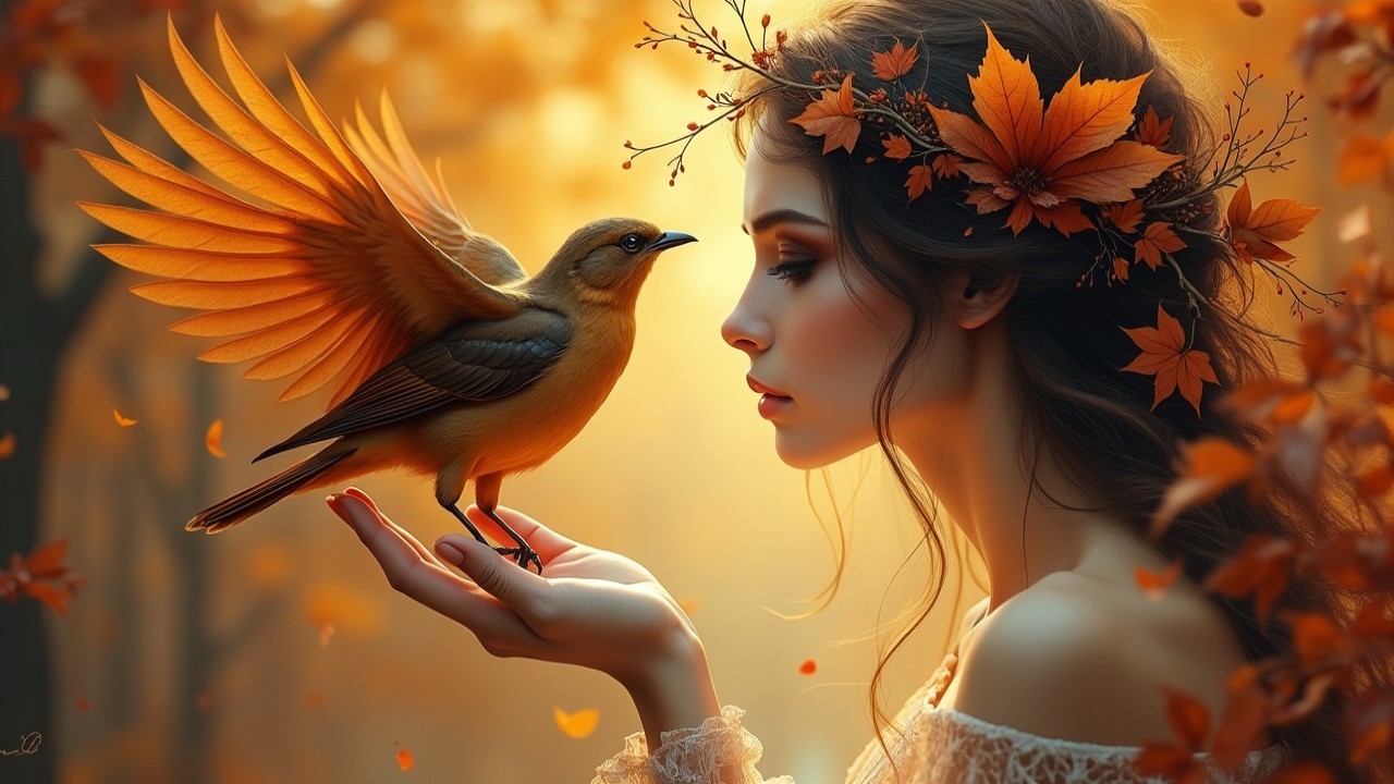 Woman with Autumn Leaves Crown and Golden Bird