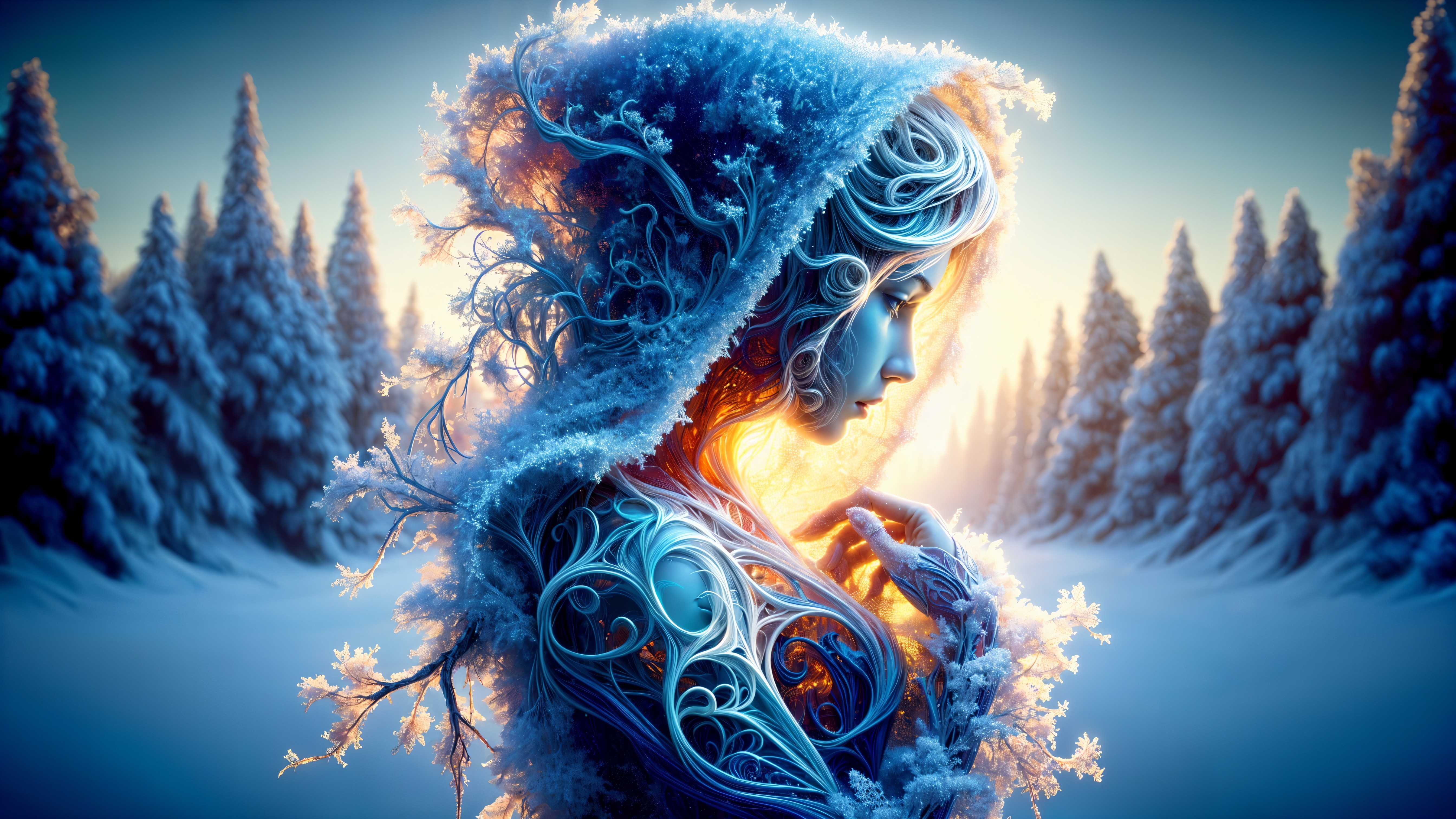 Mystical Figure in Snowy Landscape with Frost Patterns