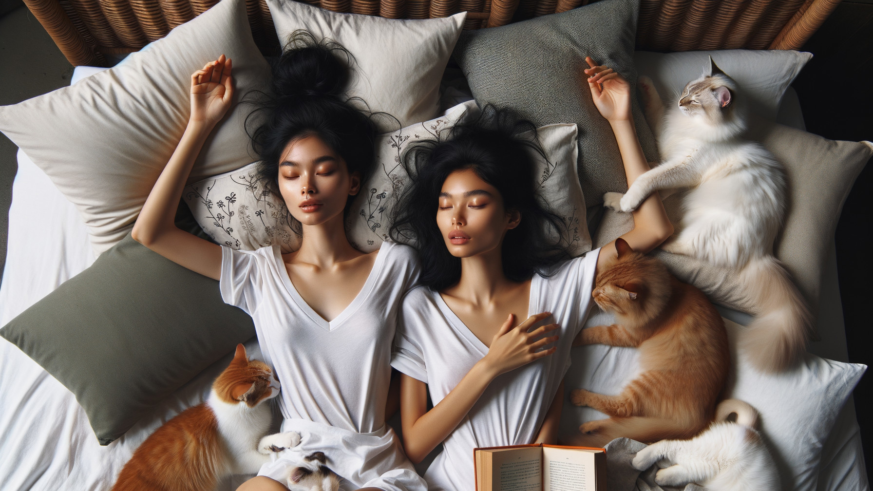 Women Relaxing on Bed Surrounded by Cats and Pillows