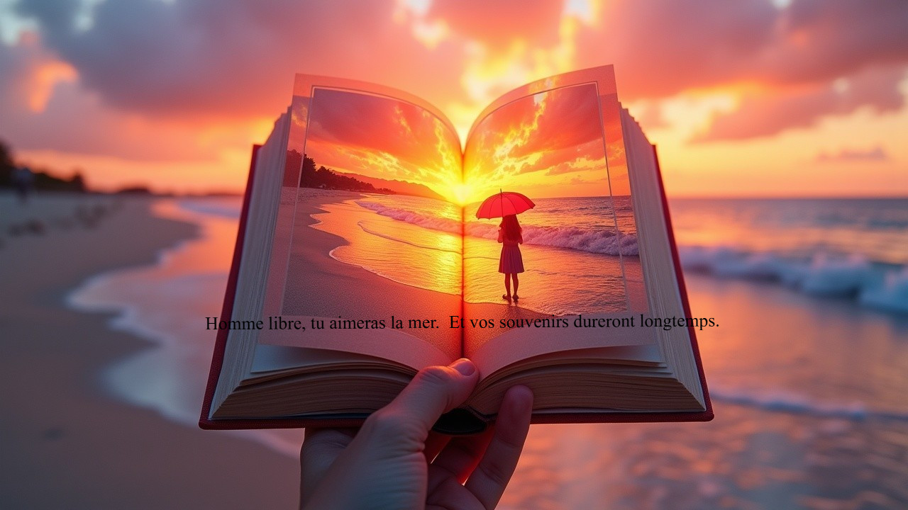 Book Depicting Sunset Beach Scene with Poetic Phrase