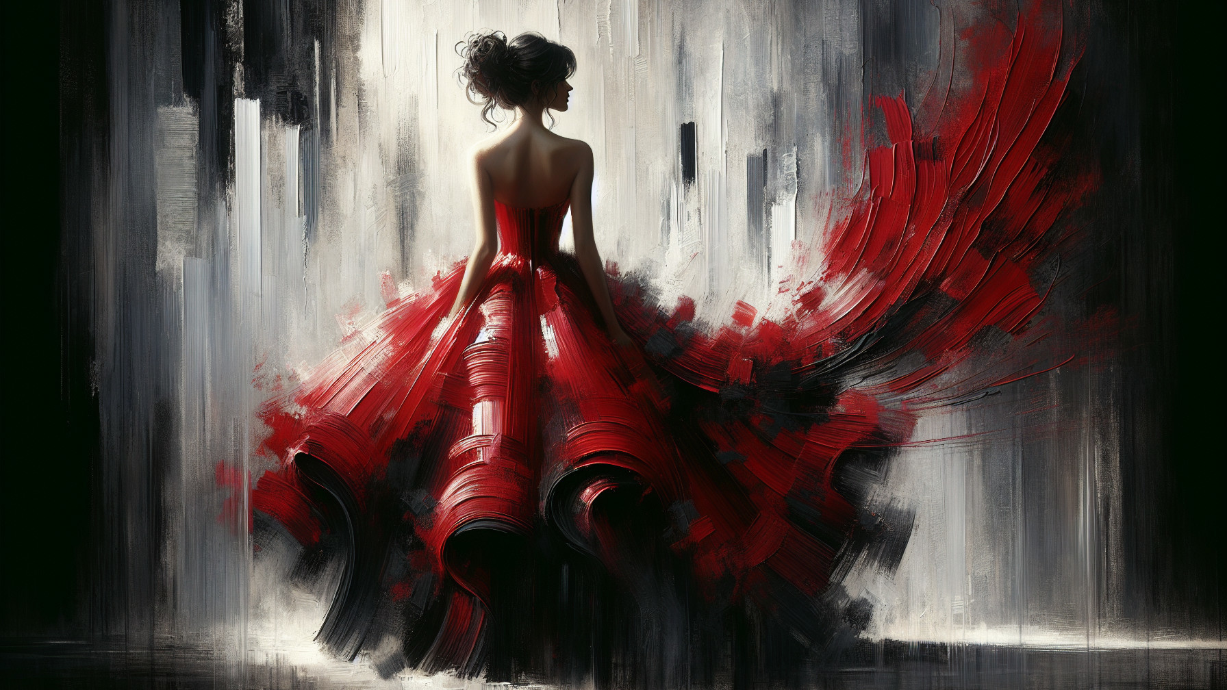 Silhouette of Woman in Flowing Red Gown with Abstract Background